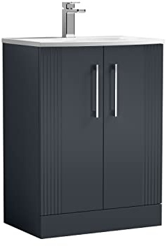 nuie DPF1425G Deco Modern Bathroom Floor Standing 2 Door Part Fluted Vanity Basin Unit with Curved Ceramic Basin, 600mm, Soft Black
