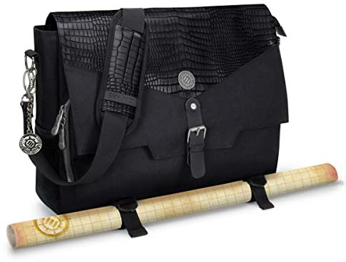 ENHANCE Player's Essentials DnD-Tasche, Sammleredition - Umhängetasche aus Drachenhaut für 2–4 Bücher, Ordner, Würfel und Zubehör, mit 17-Zoll-Laptop-Steckplatz, Battlemap-Riemen (Drachen Schwarz)