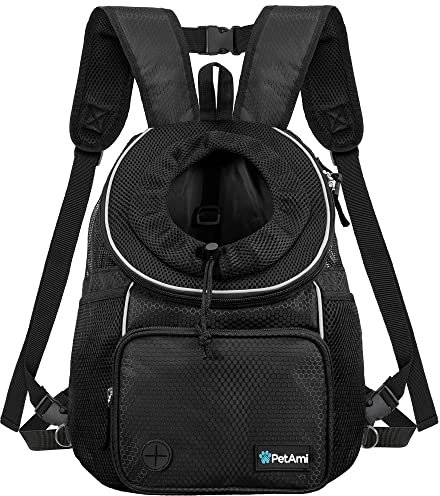 PetAmi Hundetragetasche vorne, verstellbarer Rucksack für Hunde, Haustier, Katzen, belüfteter Hundetragerucksack, für Wandern, Camping, Reisen, kleine mittelgroße Hunde, Welpen, max. 6.8 kg, Schwarz
