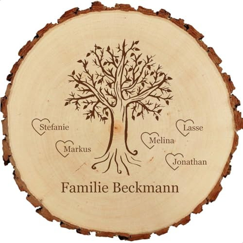 Baumscheibe 23cm mit Gravur (Namen) personalisiert, Familien Stammbaum/Lebensbaum, Holz Deko-Schild, Geschenk-Idee zu Geburtstagen/Weihnachten, Motiv D1