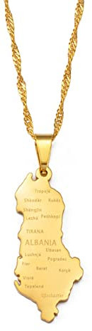 Albanien Karte Anhänger Halsketten - Ethnisches Muster Flagge Region Albanien Karten Pullover Kette Charm Hip Hop Trendy Schmuck für Damen Herren Schlüsselbeinketten Halsketten,Gold,45cm