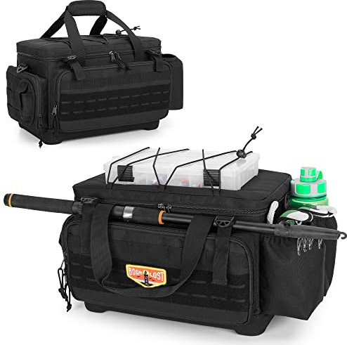 GOBUROS Angelausrüstungstasche mit wasserdichter EVA-Unterseite (keine Angelboxen), weiche Angelausrüstungsbox Aufbewahrungstasche mit Rutenhalter, Zangenaufbewahrung zum Angeln, Schwarz
