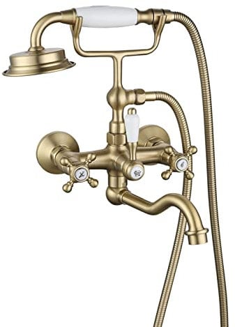 Yalsfowe Robinet de baignoire vintage, robinet de baignoire avec téléphone douchette, robinet de baignoire 2 poignées croisées, robinet de baignoire mural, mitigeur de baignoire,D'or