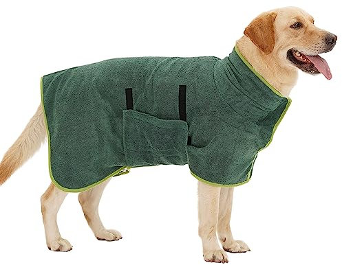 HezzLuv Bademantel für Hunde, Hundebademantel aus Mikrofaser für mittlere und große Hunde, super saugfähiger Haustier Trockenmantel, ganzjahres schnell trocknendes Hundehandtuch (Grün,XL)
