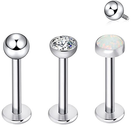 Longbeauty G23 Titan Lippenpiercing Studs Labret 16G CZ Opal Medusa Monroe Barbells Tragus Helix Lippe Schraubverschluss Piercing Körperschmuck, Weiß