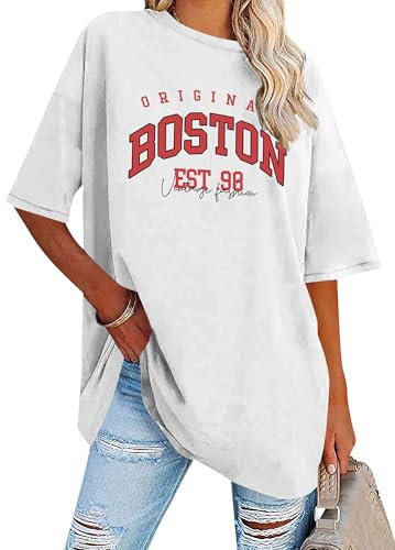 Dresswel Oversized T Shirt Damen Boston Brief drucken Vintage T-Shirt Kurzarm Rundhals Retro Tee Shirts Sommer Oberteile Lose Bluse Lang Tops für Teenager Mädchen