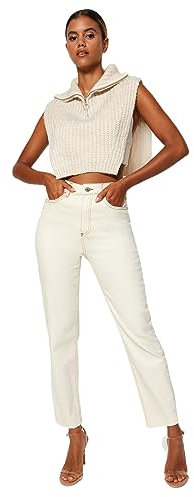 Trendyol Damen Gerade Mama Hohe Taille Jeans, Jeans aux Femmes, Ecru,