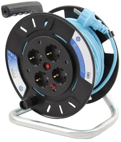 Gobuilding Alargador Enchufe 20 metros - Alargadera Enrollable 20 metros, Alargador Eléctrico IP20, Alargador Enrollable 4 Enchufes, 2300W, 230V, Cable 1mm, Enchufe Schuko Tipo F, 24x15x26 cm