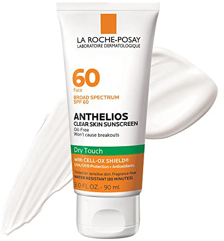 La Roche-Posay Anthelios Clear Skin Sunscreen Dry Touch SPF 60, Oil Free Sunscreen For Face, Oil Absorbing, Broad Spectrum SPF + Antioxidants, Non-Greasy, Oxybenzone Free, Travel Size