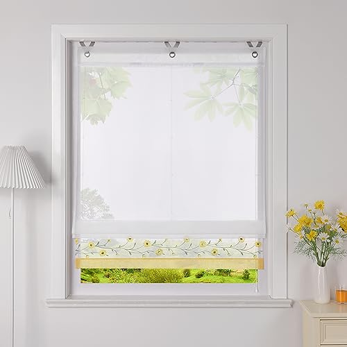 Heichkell Voile Raffrollo mit Ösen Transparent Ösenrollo Bestickte Raffgardine Landhausstil Rollo mit Blumen Gelb BreitexHöhe 45x150 cm