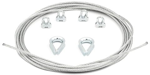 Alfa Logistik Cave Acciaio 4mm Diametro 20m Lunghezza - Cave Acciaio Set con 4 Morsetti e 2 Ditali in Acciaio - Fune Acciaio - Fune Metallica - Corda in Acciaio - Cavi Acciaio