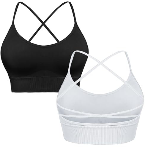 Sykooria Sport BH Damen Gepolstert Bustier Ohne Bügel Spaghettiträger Cross Back Design Push Up Sport Bra Top für Yoga Fitness, 295-2pcs (Schwarz+Weiß), M