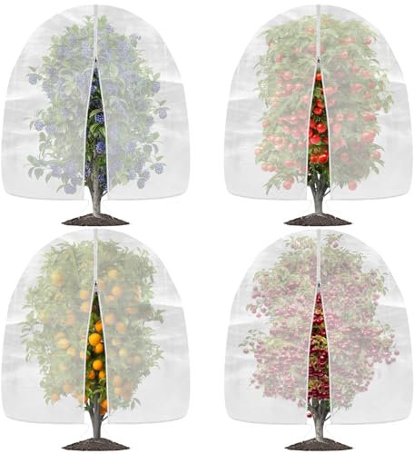 OZMI 4 Stück Obstbaum-Heidelbeerstrauchnetz-Abdeckung, 1,2 m x 1,5 m, wiederverwendbares Vogelnetz für Garten, Schutz mit Reißverschluss und Kordelzug, Sträucher, Tomaten, Erdbeere, Pflanzen