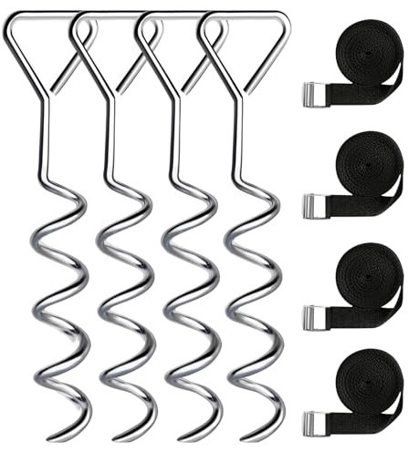 Trampoline Stakes, Heavy Duty Trampoline Tie Down Anchor Kit, Corkscrew Steel Trampoline Anchor Stakes with Triangle Handle, Stakes Anchor Kit with 4 Strong Belts for Trampolines, Swing.