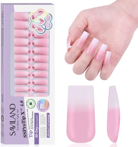 SAVILAND 160 Pcs French Tip Press On Nails: Long Square Pink Gradient False Nails Thicker & Sturdy Gels Nail Tips Full Cover French Fake Nail Soft Gel Stick On Nails for Women Home DIY