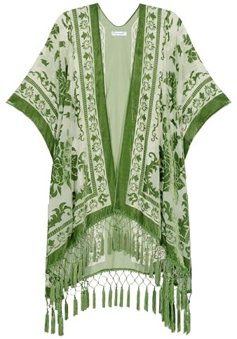 USHOWHEY Velvet Kimono Cardigan for Women, Long Burnout Velvet Kimono Cover Up, Free Size