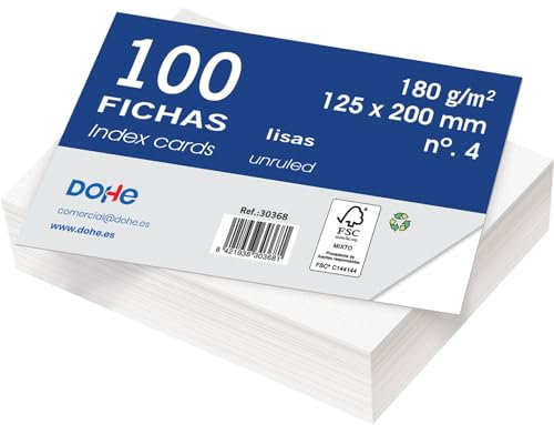 Dohe - Fichas Lisas de Cartulina (100 uds.) - Tarjetas para Escribir Notas, Tamaño 20x12,5 cm, 180 gr/m², N.º 4, Material de Oficina - Color Blanco