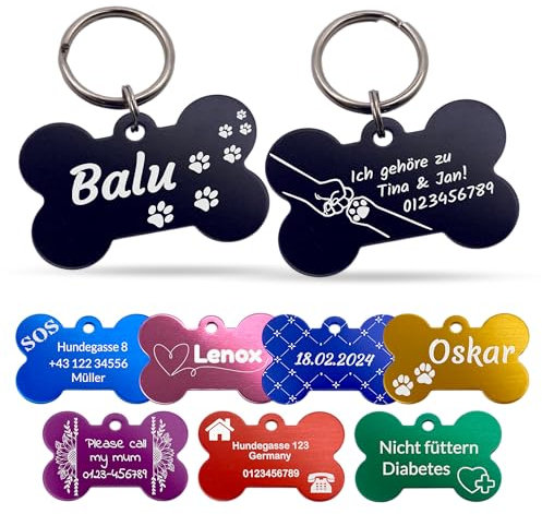 Unikat Branding | Etiquetas de identificación en paquete individual | Perro, gato y amo | Etiqueta de perro personalizada | Ambos lados con grabado | Hueso | 38 mm (azul)