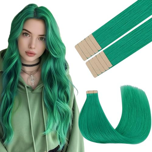 GOO GOO Tape in Hair Extensions Echthaar, Green 10pcs 25g 35cm, Farbige Tape ins Echthaar Extensions, Silky&Soft Invisible Tape Ins, Straight Remy Hair Highlighted for Party