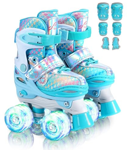 Sportneer Kinder-Rollschuhe, Rollschuhe mit Schutzausrüstung, verstellbare Rollschuhe mit 8 leuchtenden Rädern, für Mädchen, Kinder, Jugendliche, Anfänger, drinnen und draußen