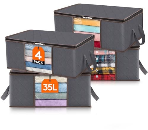 Lifewit Organizador de Ropa Plegable con Asa Reforzada, Bolsa de almacenamiento de Tejido Resistente y Ventana Transparente para Suéteres, Abrigos, Camisetas, Mantas, Paquete de 4, 35L, Gris