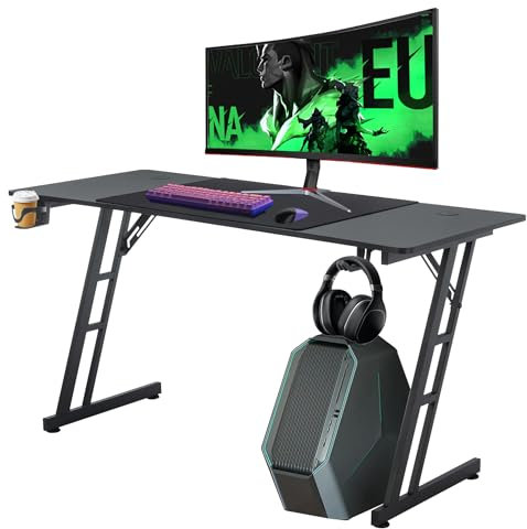TANYEAR Z-Frame Tavolo da gaming 140 x 60 cm, nero PC scrivania con robusto rivestimento in fibra di carbonio, tavolo ergonomico per computer con gancio per cuffie e porta bevande (Tye B senza LED)