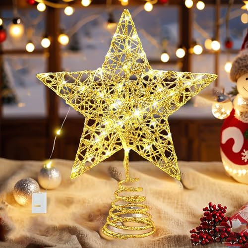 Weihnachtsbaumspitzen Stern,22 cm Baumspitze Gold Stern,Weihnachtsbaum Stern Spitze Baumspitze,mit 20 LED-Lichter, für Weihnachtsbaum Heimdekoration [Energieklasse F]