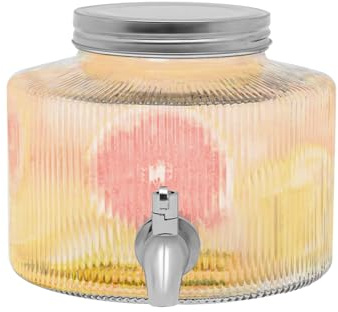 Dispensador de Bebidas de Cristal de 2,8 L Con Grifo - Frigorífico, Bidón de Acero Inoxidable, Tapa Retro, Para Agua y Zumo - Transparente