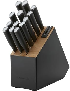 KitchenAid Classic Slim Messerblock Set mit eingebautem Messerschärfer, High Carbon Edelstahl Küchenmesser, Scharfes Küchenmesser Set mit Block, Schwarz, 14-teilig