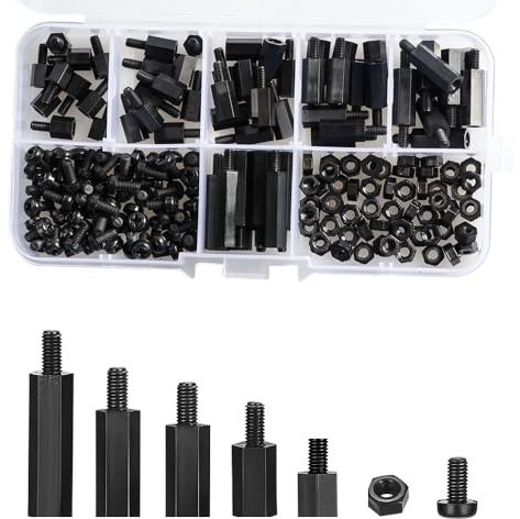 MiJunHD 180Pcs M3 Nylon Hex Standoff Spacer Set, Screws Nuts Washers Assorted with Plastic Box for Repairing Electronic Equipment Kit & Fixing Instrument Panels, PCB Board, Motherboard (Black)