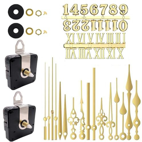 Comforty 2 Stück stilles Quarz-Uhrwerk, 6 Paar Kurze Achse und Lange Achse Uhrwerk mit manueller Batterieversorgung, Wanduhr-Mechanismus Teile Motor Ersatz DIY Reparatur Teile, Gold