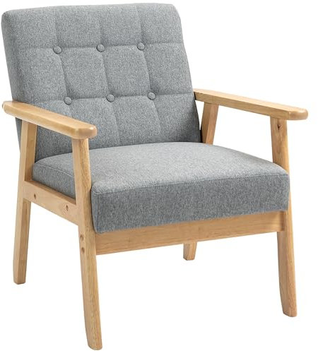 HOMCOM Sillón Individual Sofá Individual Tapizado en Lino con Reposabrazos de Madera Respaldo Acolchado Carga 130 kg Sillón para Salón Dormitorio Gris Claro