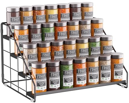 THYGIFTREE Gewürzregal mit 4 Ebenen, 1 Packung, Gewürzregal für Schrank, verstellbares Gewürzregal für Küche, Arbeitsplatte, Speisekammer, Organisation (Carbon-Schwarz)