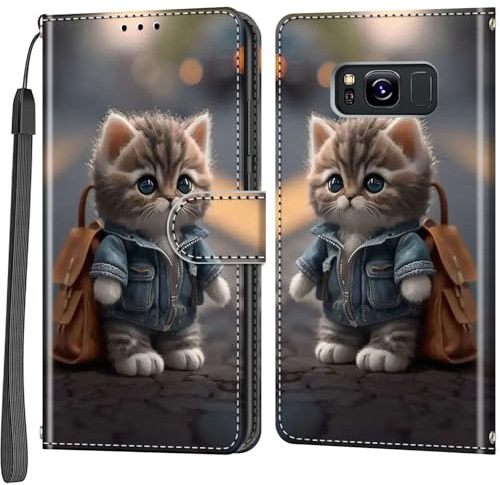 Handyhülle für Samsung Galaxy S8 Hülle, Katze | Kartenfach, Standfunktion, Magnetische, Klappbar PU Lederhülle, Stoßfeste, Faltbar Klapphülle, Handytasche