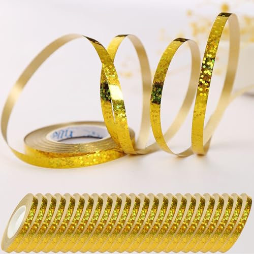 wenweo 240 Meter Luftschlangen Geburtstag, 24 Rollen Luftschlangen Gold mit Leuchtenden Farben können für Geburtstags Deko, Ballonband, Silvester Deko, Hochzeit Deko, Geschenkband