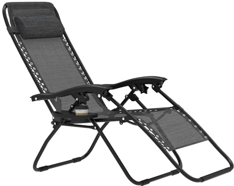 FIVMEN Sonnenliege Klappbar Garten Liegestuhl Gartenliege mit Kissen und Getränkehalter Tragbare Gartenstuhl Strandliege Relaxliege für Garten Terrasse Strand, Schwarz
