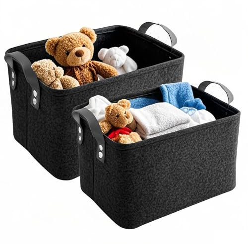 YDAKGUEY 2 PCS Felt Fabric Baskets, Large Open Fabric Bins with Handles for Organizing Clothes, Baby Products, Books, Laundry Baskets for Office Wardrobe Bookshelf Bedroom Toys - Black