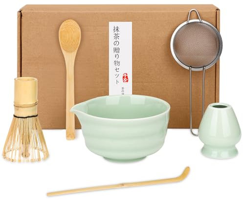 BBWELL Matcha Set de 6 Piezas – Kit de Ceremonia Japonesa de Matcha con Cuenco de Matcha,Batidor de Matcha de Bambú,Soporte para Batidor,Colador, Cuchara y Pala – Set de Regalo para Amantes del Matcha