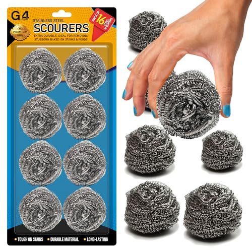 G4GADGET 16x Stainless Steel Scourers – Multi-Purpose Metal Scrubbers for Dishes, Pans, Grills & Household Cleaning – Durable, Rust-Free Wire Wool Balls for Heavy Duty Use