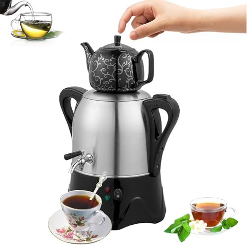 Teiera Elettrica Turca, Bollitore Elettrico a 2 Livelli, Samovar Turco Elettrico con Funzione di Mantenimento in Caldo, Teiera in Acciaio Inossidabile da 3 Litri, Teiera in Ceramica da 1 Litro
