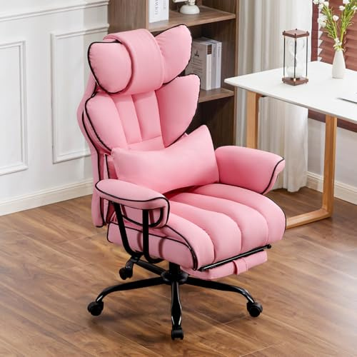 Ckaff Gaming Stuhl Bürostuhl Ergonomisch, PU Leder Chefsessel, Bürostuhl 200kg mit Fußstütze und Lendenwirbelstütze, Home Office Stuhl Verstellbarer Stuhl mit hoher Rückenlehne, Drehstuhl (Rosa)