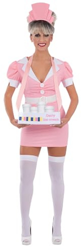 Smiffys Rocky Horror Usherette Costume for Women, Official Licensed Fancy Dress Pink Dress, Matching Hat & Ice Cream Tray, Musical Film Character Outfit for Parties, Halloween & Themed Events Medium