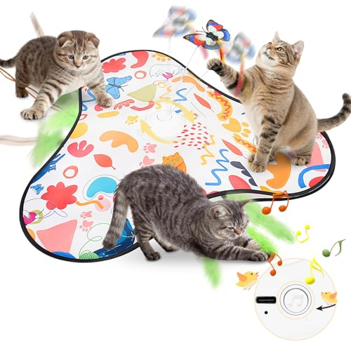 Wagxoey Interaktives Katzenspielzeug mit Geräuschen, Automatisch & Wiederaufladbar, Berührungsaktiviert mit 3 Austauschbaren Federn, Intelligentes Spielzeug für Katzen jeden Alters