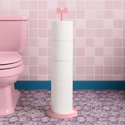 Sawysine Pink Bow Toilet Paper Holder Freestanding Bathroom Decoration | Metal Heavy Duty, Holds 3 Rolls Reserve, Cute Bow for Coquettish Bathroom Styling, 23.62 Freestanding, Stable Pink Base