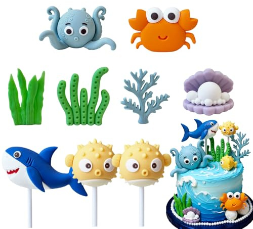 Under the Sea Ocean Birthday Cake Decorations Set - 3D Sea Creature Cake Toppers for Baby Shower & Nautical Theme Party