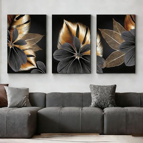 JLCZBT 3er Designed Poster Set, Schwarz Weiß Gold Leinwandbilder, Abstrakt Kunst Wandbilder Line Bilder Gold Wohnzimmer Deko Ohne Rahmen (Gold Pflanzen, 50x70cm)