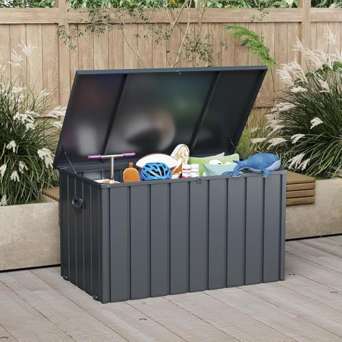 Domi Outdoor Auflagenbox 600L Gartenbox – wasserdichte Kissenbox mit Hydraulikdeckel, Metall Stauraumbox Garten mit Griffen & abschließbarem Deckel für Gartenkissen und Gartengeräte, Grau