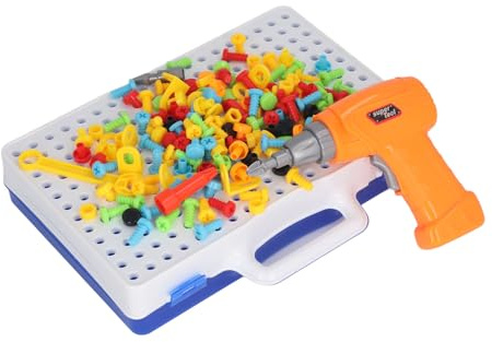 Hamwesh Juego de Taladro de Mosaico, 239 Piezas Juego de Taladro y Destornillador Creativo DIY, Juguetes Educativos de Construcción con 6 Clavos de Hongo, Destornillador Reversible y 45 Patrones
