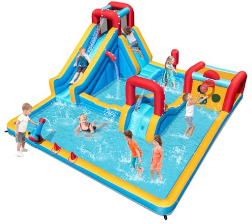 Maxmass 9 in 1 Inflatable Water Park, Outdoor Children Bounce House with Double Slides, Climbing Wall, Splash Pools, Water Cannon, Garden Blow up Bouncy Castle for 3-12 Years Old (without blower)