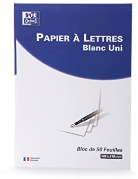 OXFORD Bloc-Notes Papier à Lettres A5 Papier 80g Blanc Uni 50 Feuilles Collées Tête